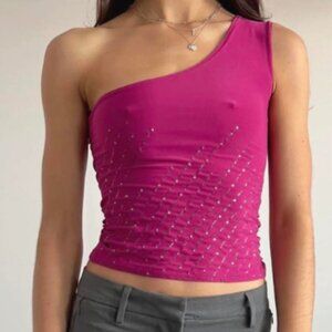 Vintage Y2K Magenta Pink Purple Sparkly Glittery One Shoulder Asymmetrical Top
